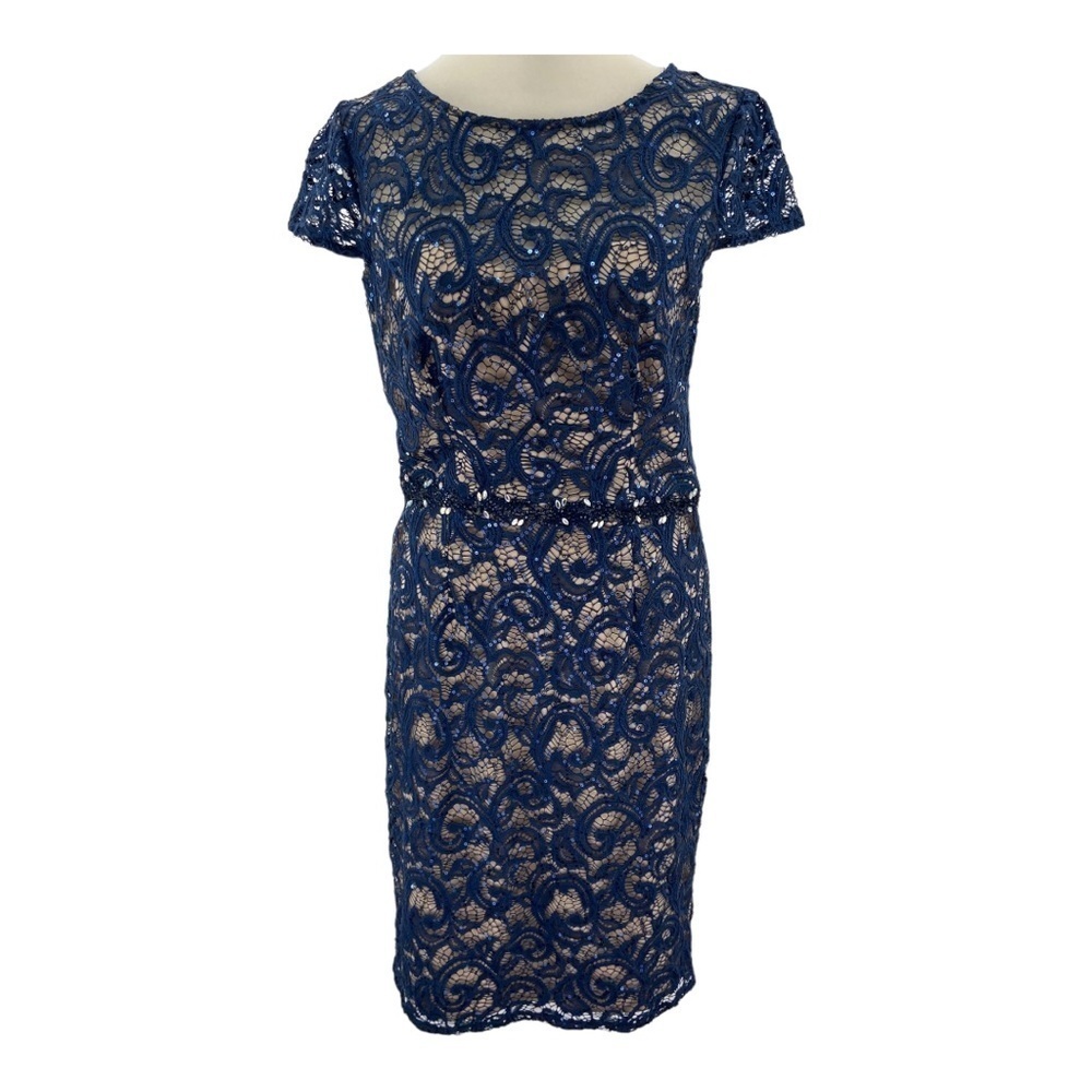 Jackie Jon New York Navy Blue‎ Lace Sequin and Beaded Cocktail Dress Size 4